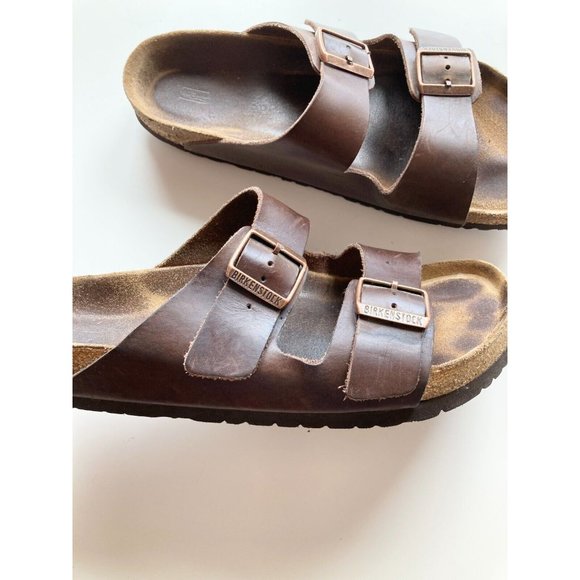 Lot of 2 BIRKENSTOCK Arizona Brown Oiled Leather Strappy Sandals Slides, Size 44 - Picture 3 of 16